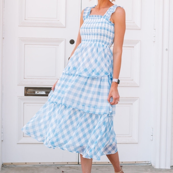 English Factory Gingham Plaid Cottagecore Whimsical Tiered Dress - Picture 3 of 9